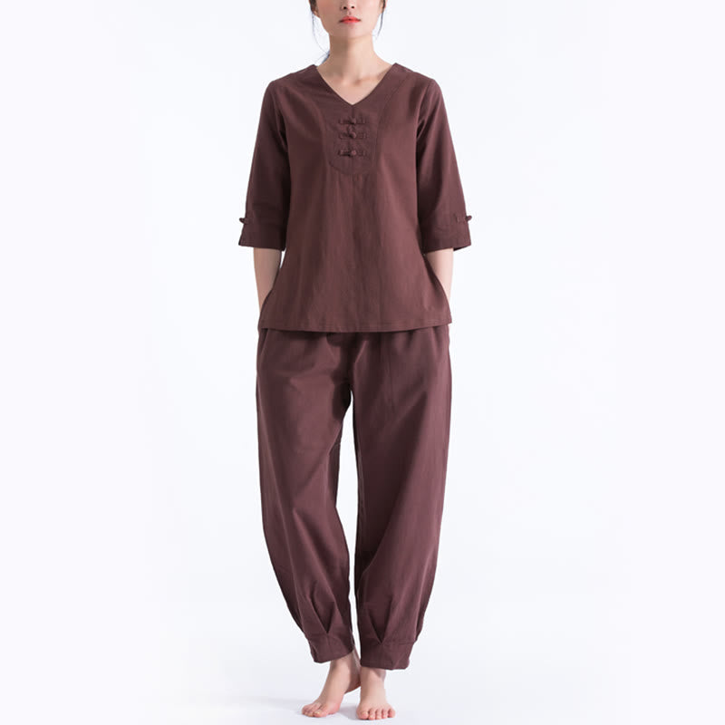 Ensemble de vêtements en coton et lin Buddha Stones , yoga, méditation, prière, col en V, pratique zen, pour femmes - Brun - US8-10，UK/AU12-14，EU40-42 (2XL) - image 6