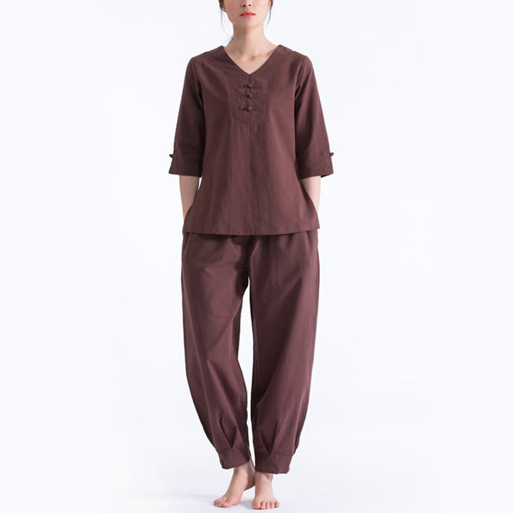 Ensemble de vêtements en coton et lin Buddha Stones , yoga, méditation, prière, col en V, pratique zen, pour femmes - Brun - US8-10，UK/AU12-14，EU40-42 (2XL) - image 6