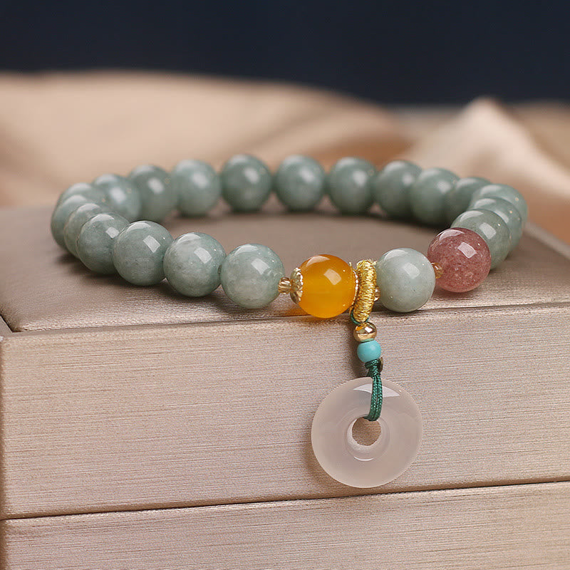 Bracelet de prospérité avec boucle de paix et perles de quartz fraise en jade naturel de Buddha Stones