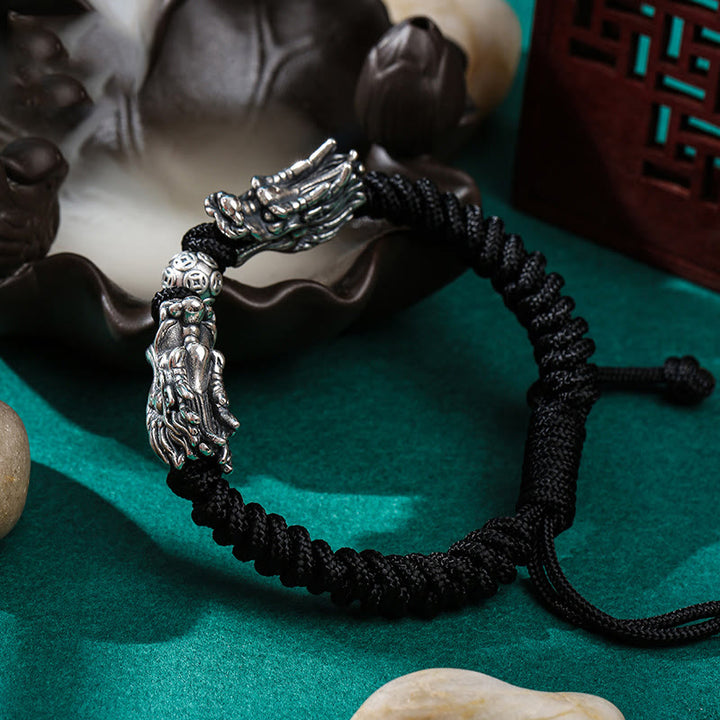 Bracelet tressé fait main en argent sterling 999 avec double dragon porte-bonheur de Buddha Stones