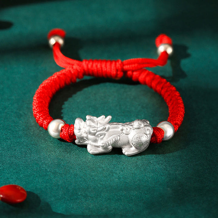 Bracelet tressé pour enfants en argent sterling 999 avec Buddha Stones et nœuds PiXiu Wealth King Kong
