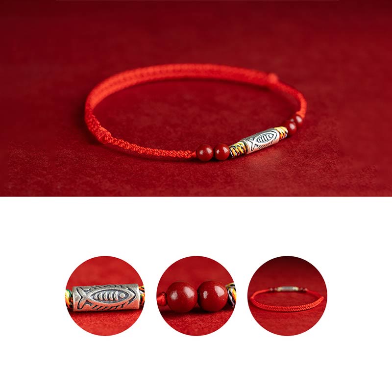 Bracelet de cheville tressé artisanal en argent sterling 925 avec perles de cinabre et poisson koï de Buddha Stones