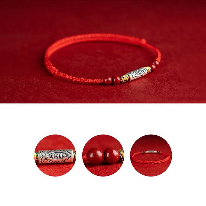 Bracelet de cheville tressé artisanal en argent sterling 925 avec perles de cinabre et poisson koï de Buddha Stones