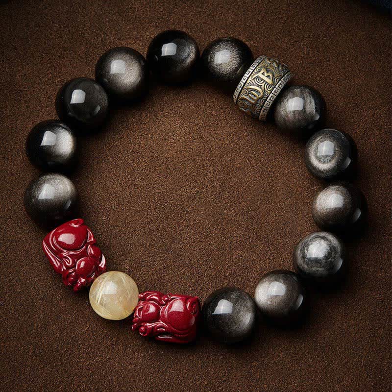 Bracelet de protection en Buddha Stones dorée et brillante PiXiu Cinabre Om Mani Padme Hum