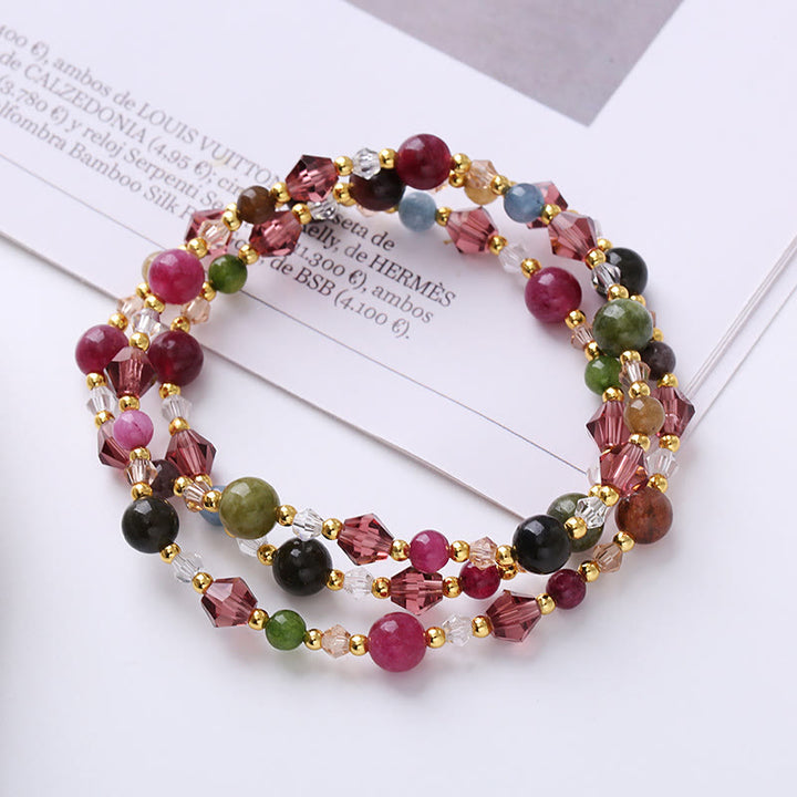 Buddha Stones double tour en tourmaline naturelle, quartz fraise, améthyste, paix et sagesse