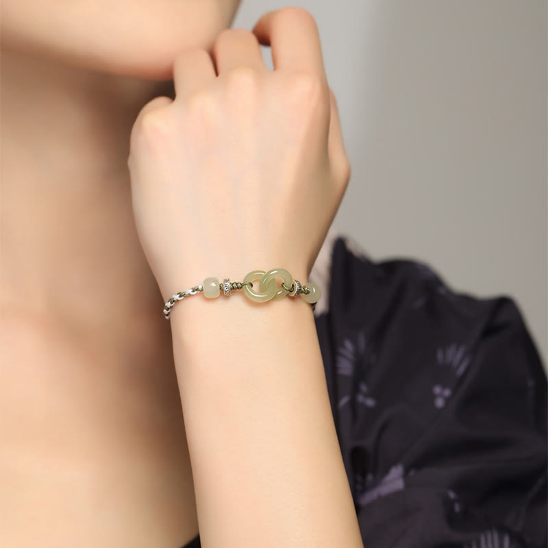 Bracelet tressé avec boucle de paix et porte-bonheur en jade naturel Hetian de Buddha Stones