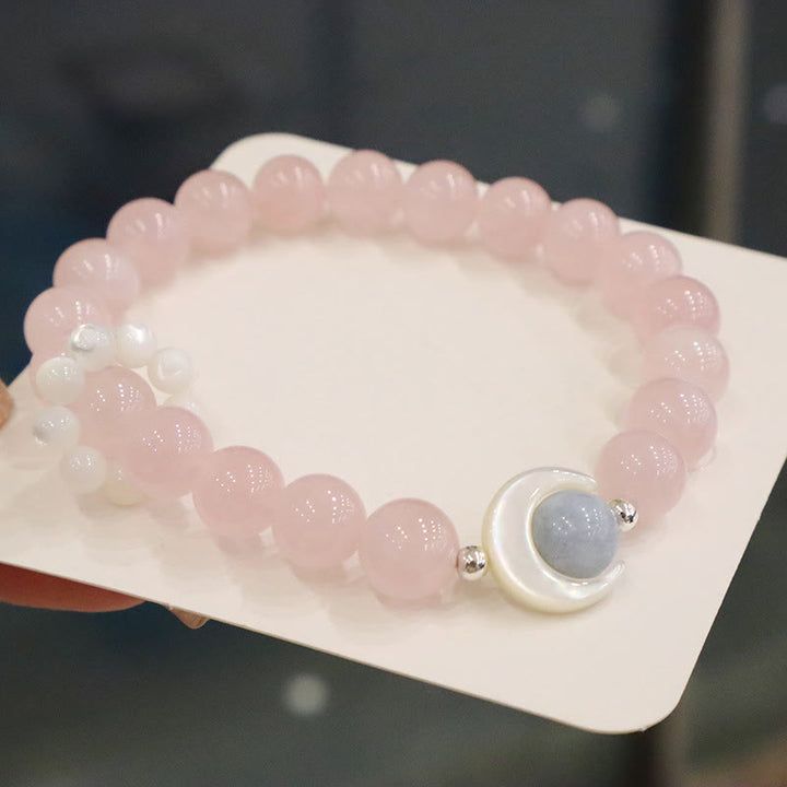 Buddha Stones de guérison en forme de croissant de lune en argent sterling 925 avec améthyste naturelle et aigue-marine en cristal rose œil de chat