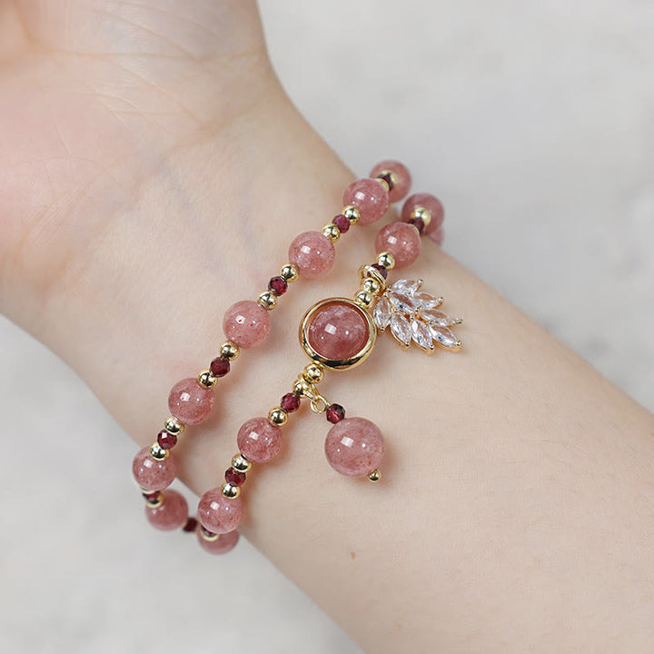 Bracelet double tour avec breloque en feuille d'érable et quartz fraise naturel Buddha Stones