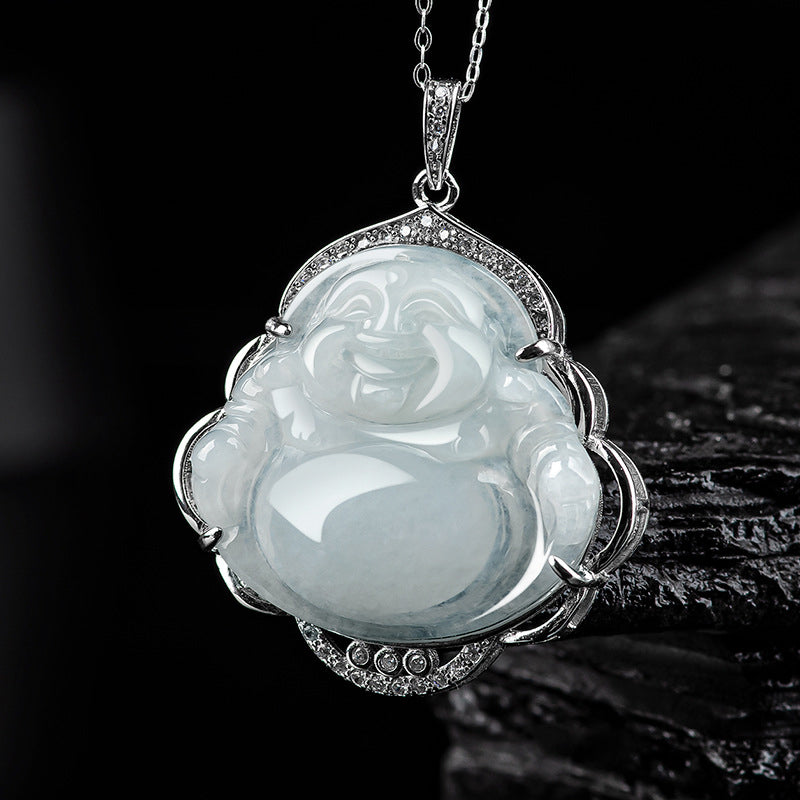 Collier Buddha Stones rieur en jade naturel, symbole d'abondance, avec chaîne en acier titane et pierres de Bouddha - Jade (Prospérité ♥ Abondance) - image 0