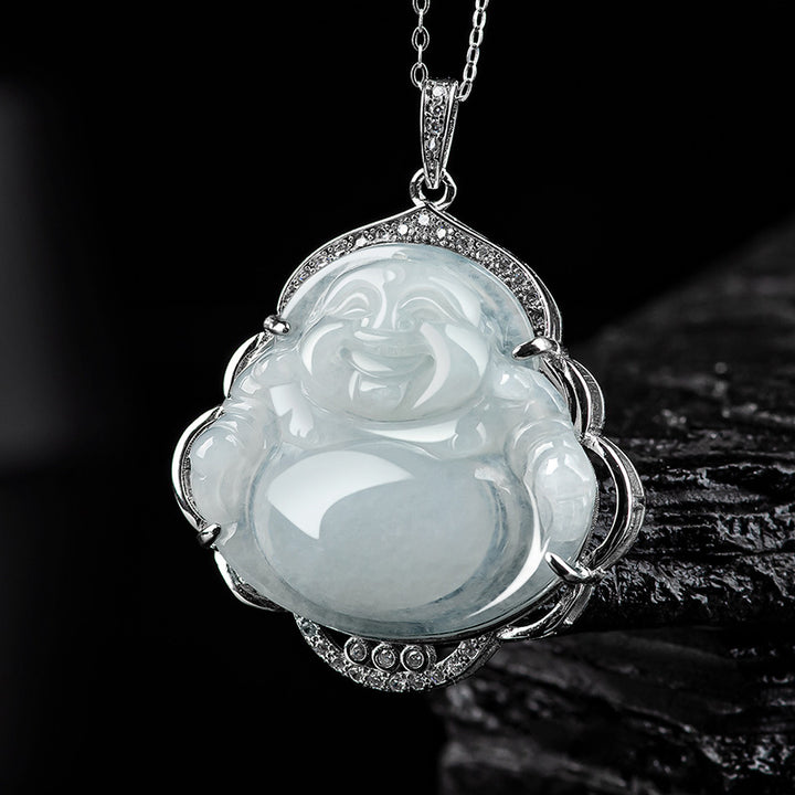 Collier Buddha Stones rieur en jade naturel, symbole d'abondance, avec chaîne en acier titane et pierres de Bouddha - Jade (Prospérité ♥ Abondance) - image 0
