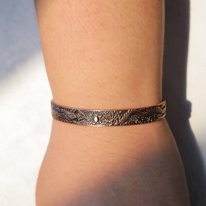 Bracelet manchette magnétique en cuivre massif avec Buddha Stones, dragon et phénix