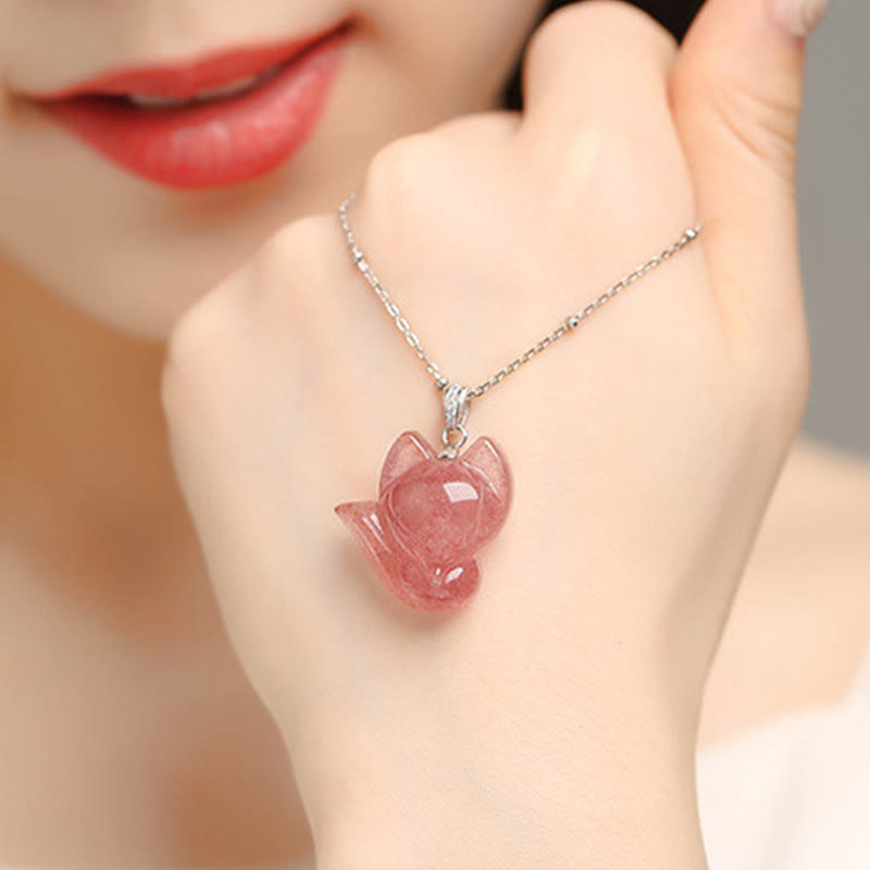 Collier pendentif de guérison en quartz fraise et renard en argent sterling 925 plaqué or 14 carats de Buddha Stones