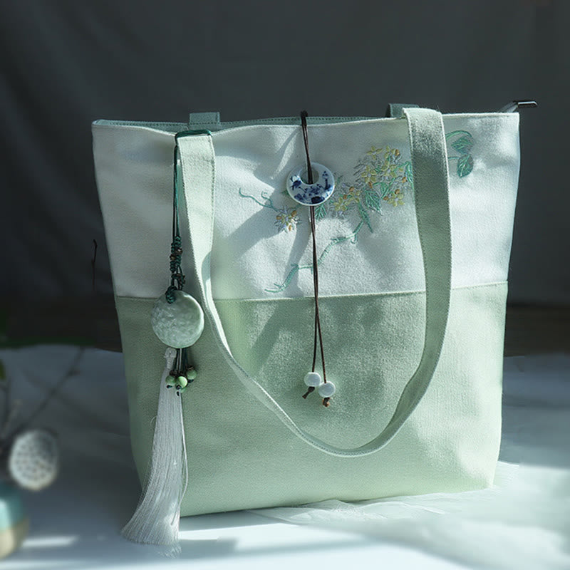 Sac à bandoulière en toile brodée de bambou avec fleur de poire, prunier, fleur de pêcher, grande capacité, sac fourre-tout