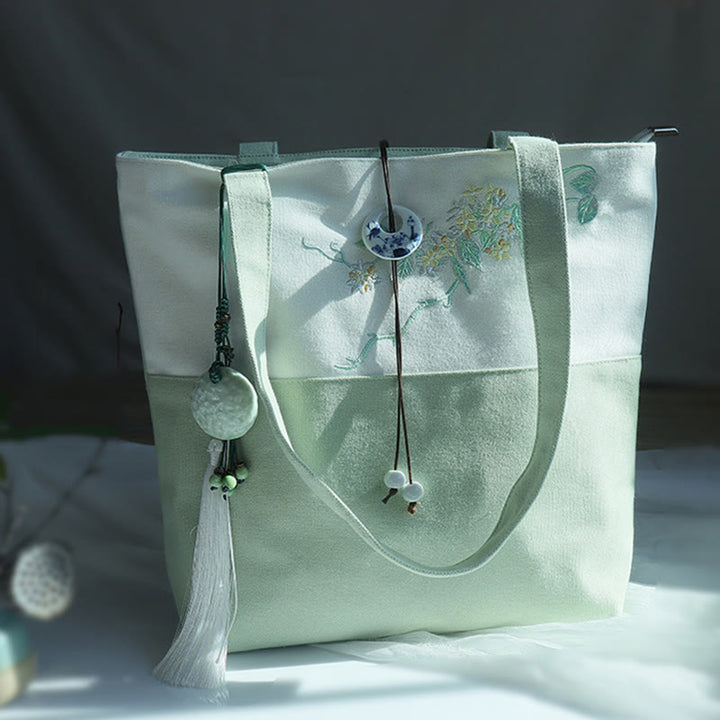 Sac à bandoulière en toile brodée de bambou avec fleur de poire, prunier, fleur de pêcher, grande capacité, sac fourre-tout