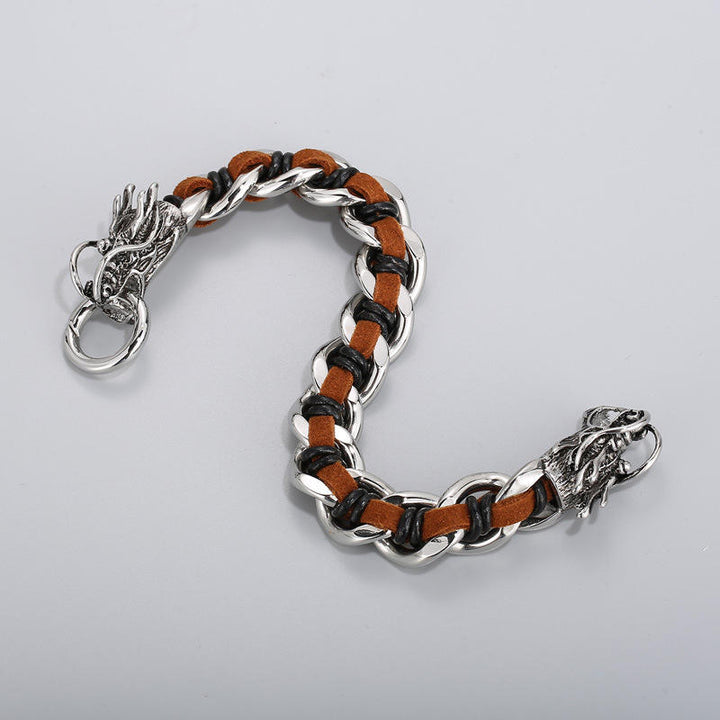 Bracelet tressé en cuir de dragon et acier titane pour protection et chance