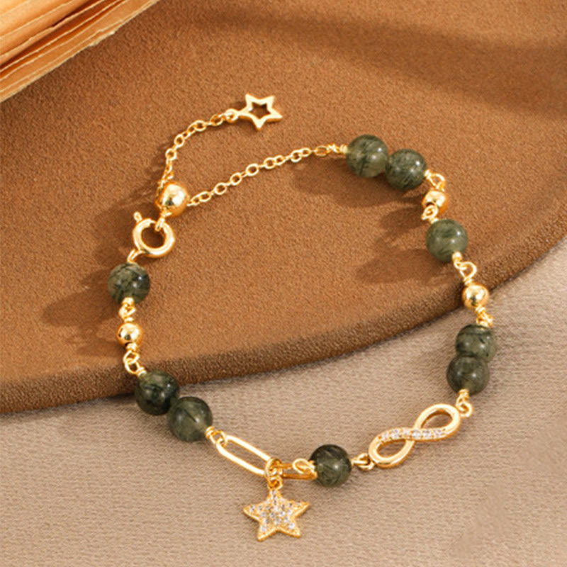 Bracelet de protection en or 14 carats avec quartz rutile vert et boucle Möbius de Buddha Stones, amour éternel et étoile