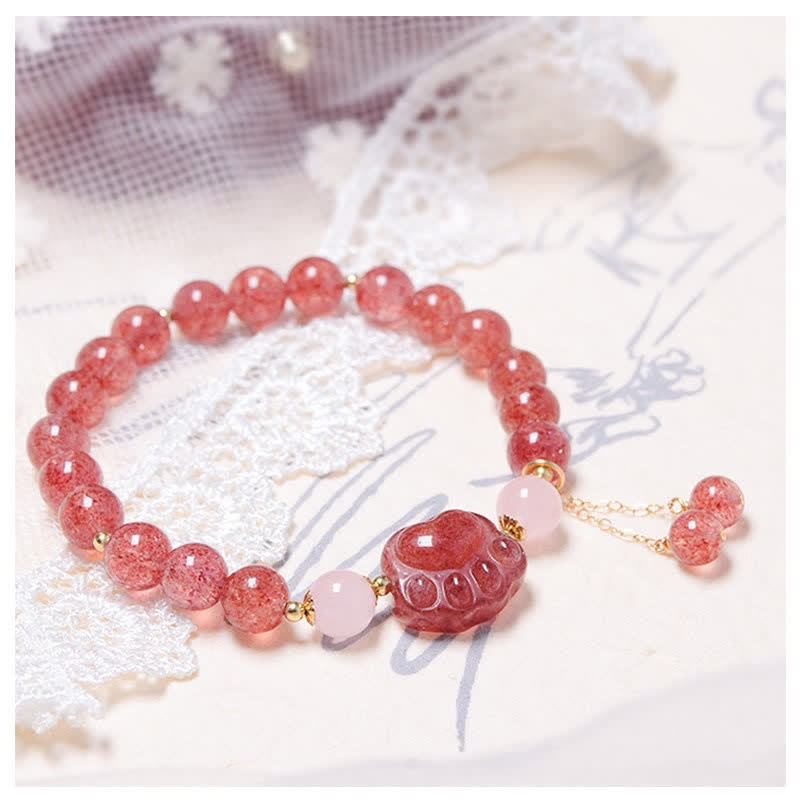 Bracelet d'amour en forme de patte de chat porte-bonheur en cristal rose et quartz fraise naturel de Buddha Stones - image 2