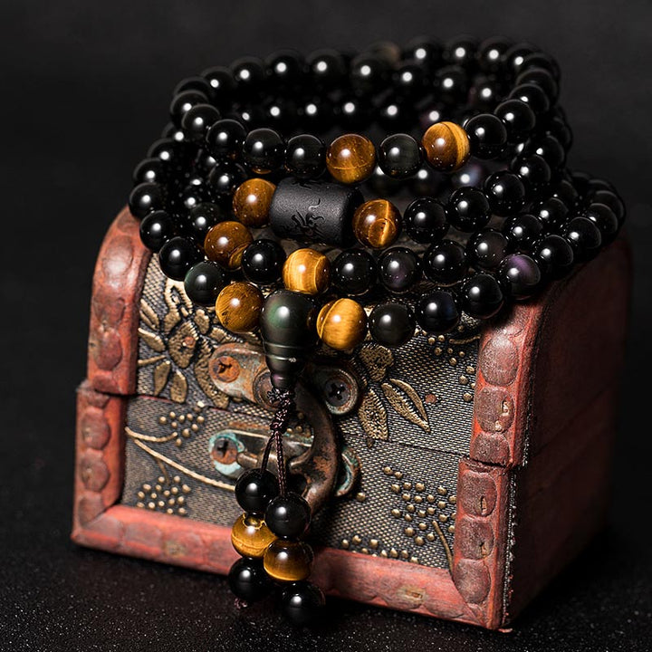 Bracelet Mala en obsidienne noire naturelle avec Buddha Stones et gourde arc-en-ciel