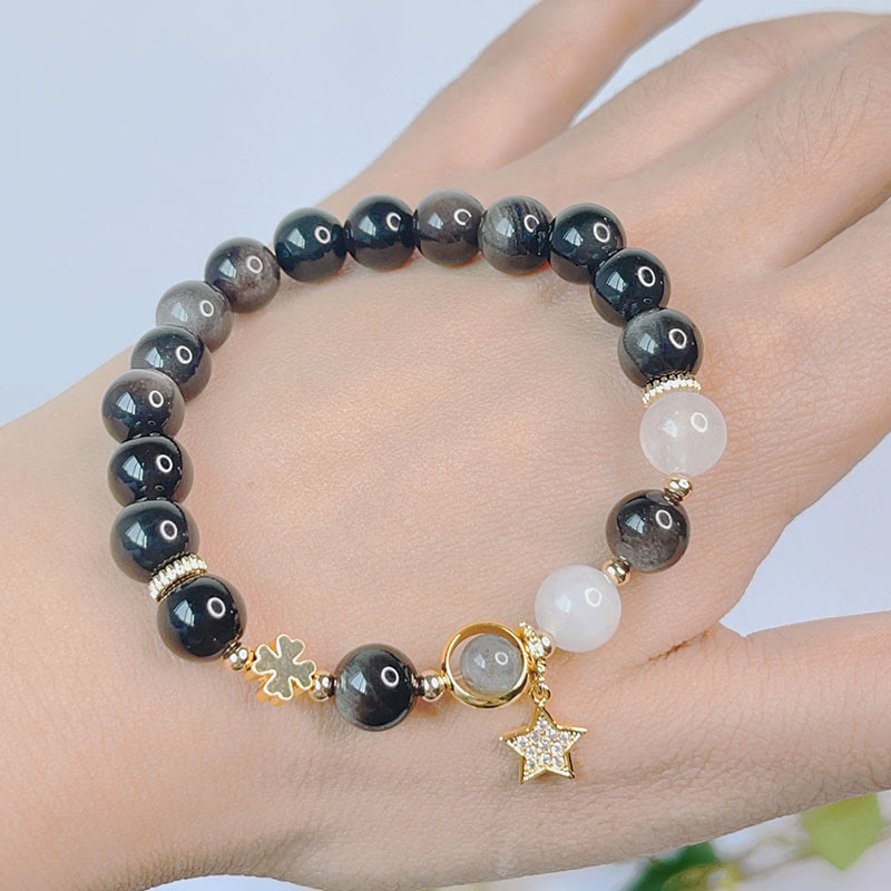 Bracelet de protection en obsidienne naturelle argentée avec Buddha Stones , cœur, étoile, fleur