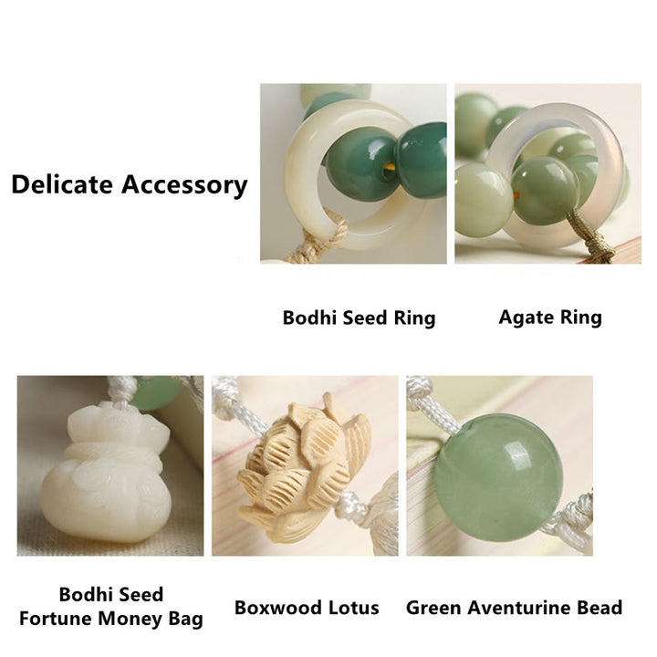 Buddha Stones Dégradé Naturel Graine de Bodhi Fortune Sac d'Argent Sagesse de Lotus Gland Poignet Mala