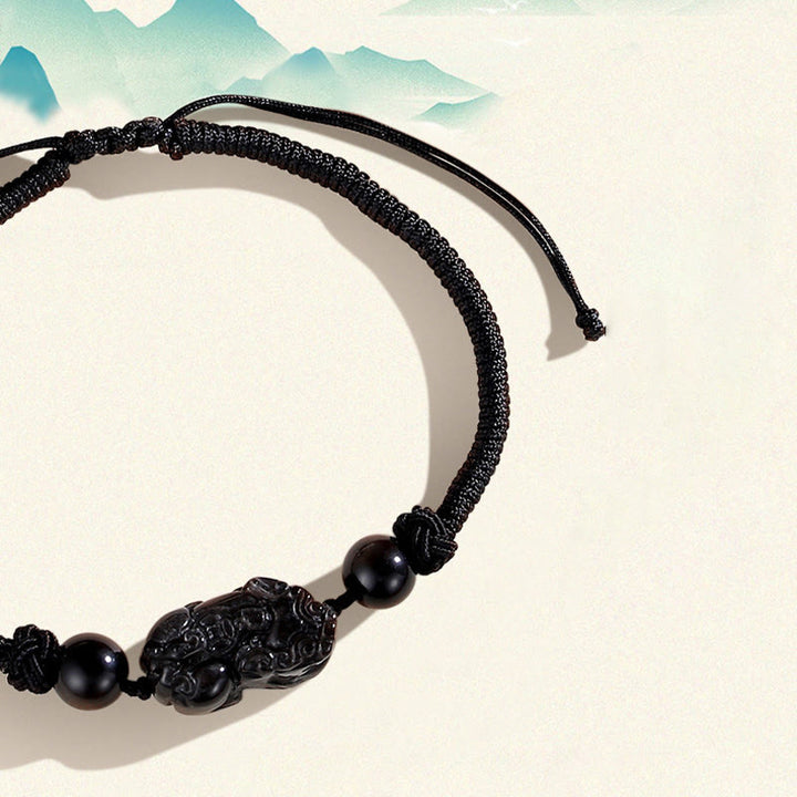 Bracelet tressé de protection PiXiu en obsidienne naturelle argentée et brillante faite à la main avec des Buddha Stones - image 6