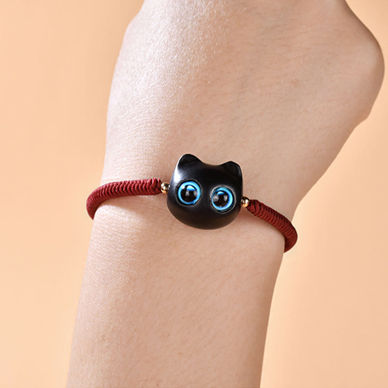 Bracelet tressé en bois d'ébène avec tête de chat et Buddha Stones - image 8