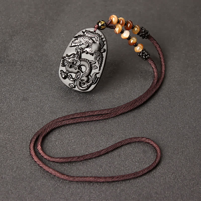 Collier avec pendentif en perles de protection en obsidienne noire œil de tigre dragon phénix - Fil de perles d'obsidienne et d'agate - image 4
