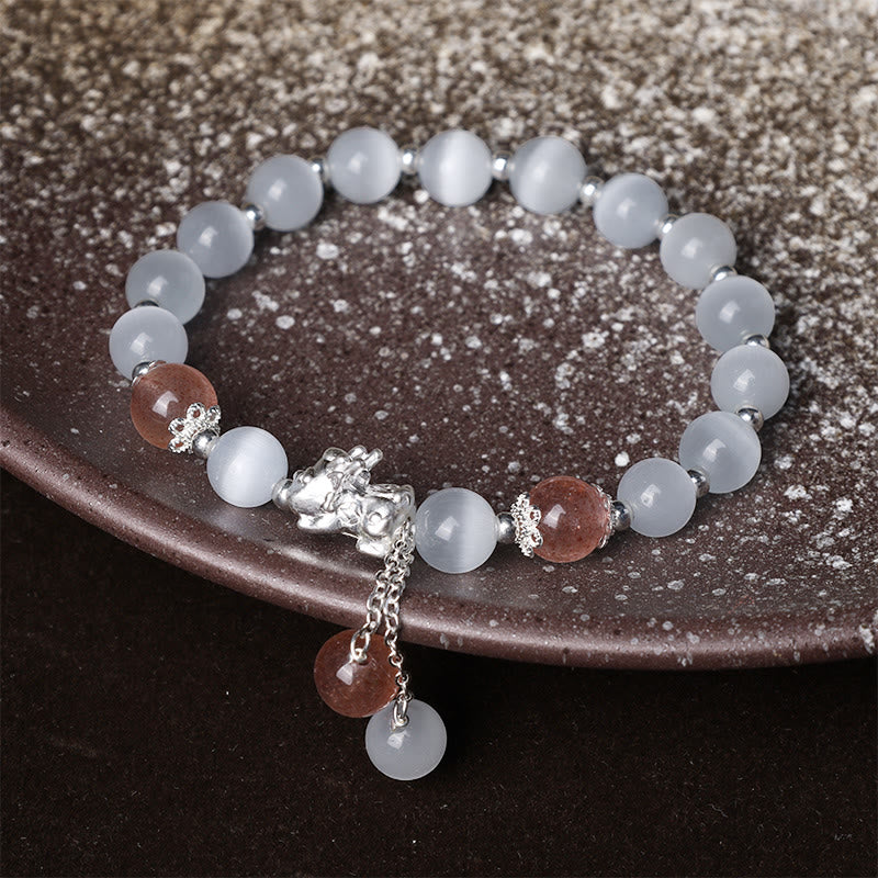 Bracelet de soutien PiXiu en pierre de lune œil de chat naturelle et quartz fraise de Buddha Stones