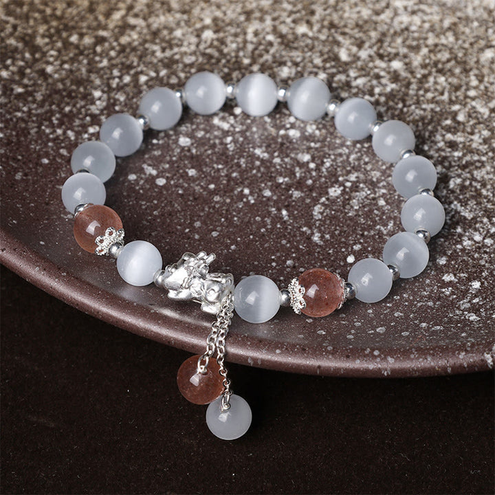 Bracelet de soutien PiXiu en pierre de lune œil de chat naturelle et quartz fraise de Buddha Stones