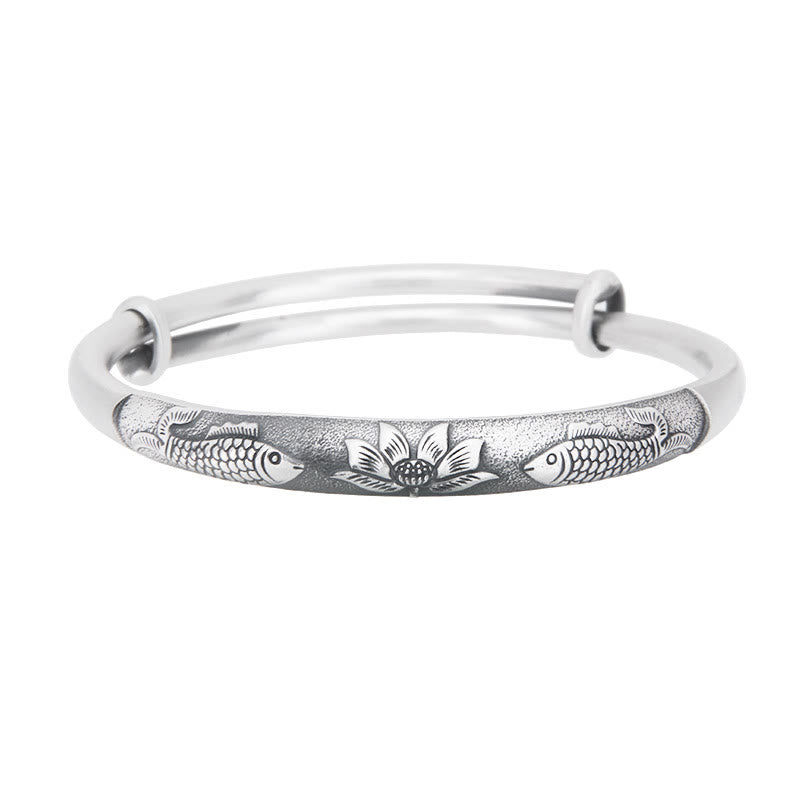 Bracelet jonc porte-bonheur en argent sterling 999 Buddha Stones et poisson koï et lotus