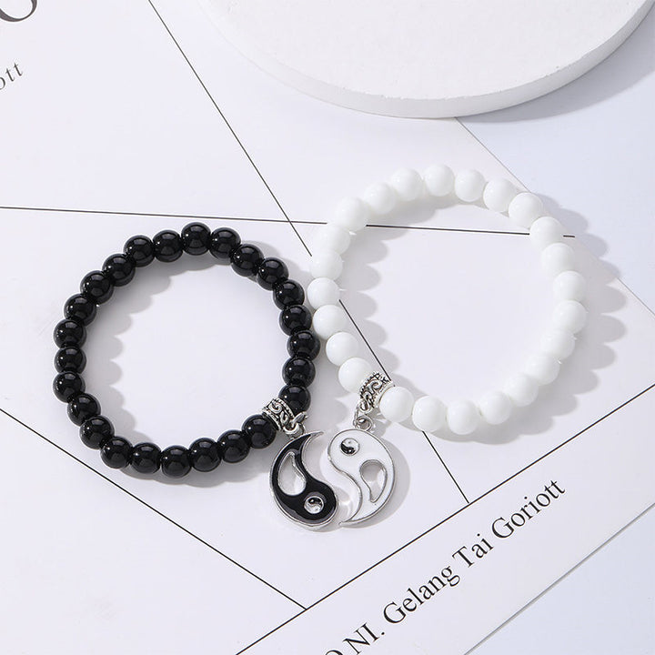 Bracelet de couple Yin Yang en perles de turquoise blanches et onyx noir Buddha Stones 2 pièces