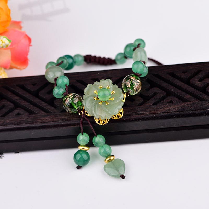 Bracelet porte-bonheur en jade vert naturel Buddha Stones et fleur pendante
