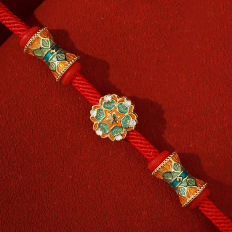 Bracelet en corde rouge en argent sterling 925 avec motif tambour de lotus de Buddha Stones Dunhuang