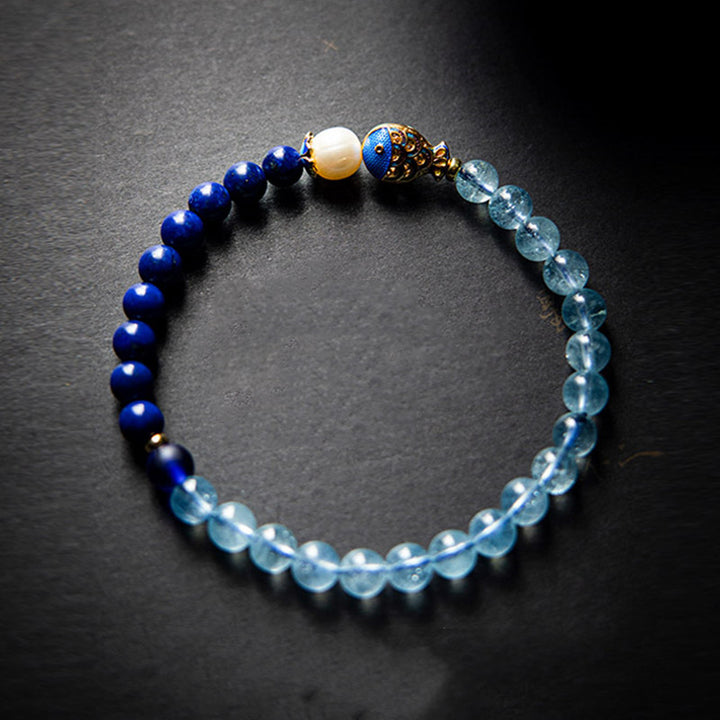 Bracelet de guérison en Buddha Stones, aigue-marine naturelle, lapis-lazuli et poisson - image 5