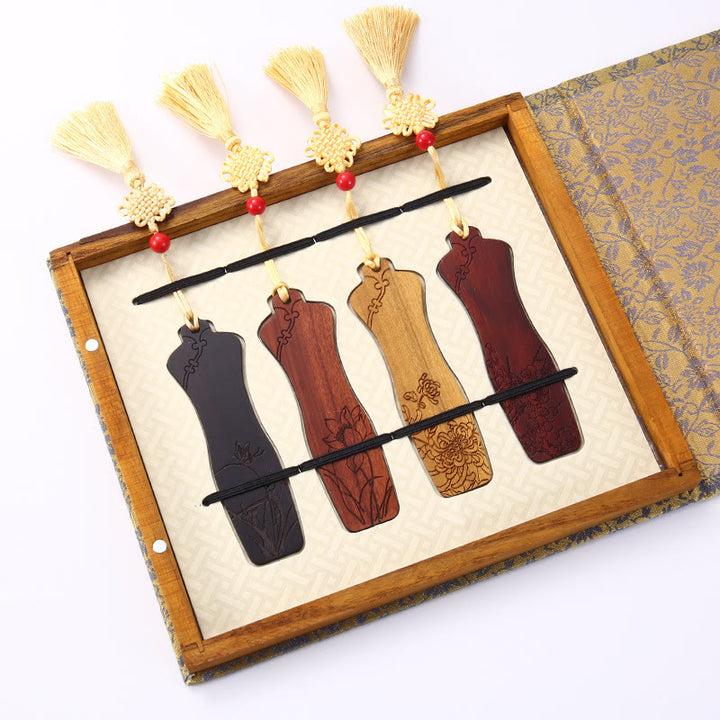 Lot de 4 marque-pages en bois avec Buddha Stones , orchidée, prunier, bambou, chrysanthème, masque d'opéra de Pékin, avec boîte cadeau