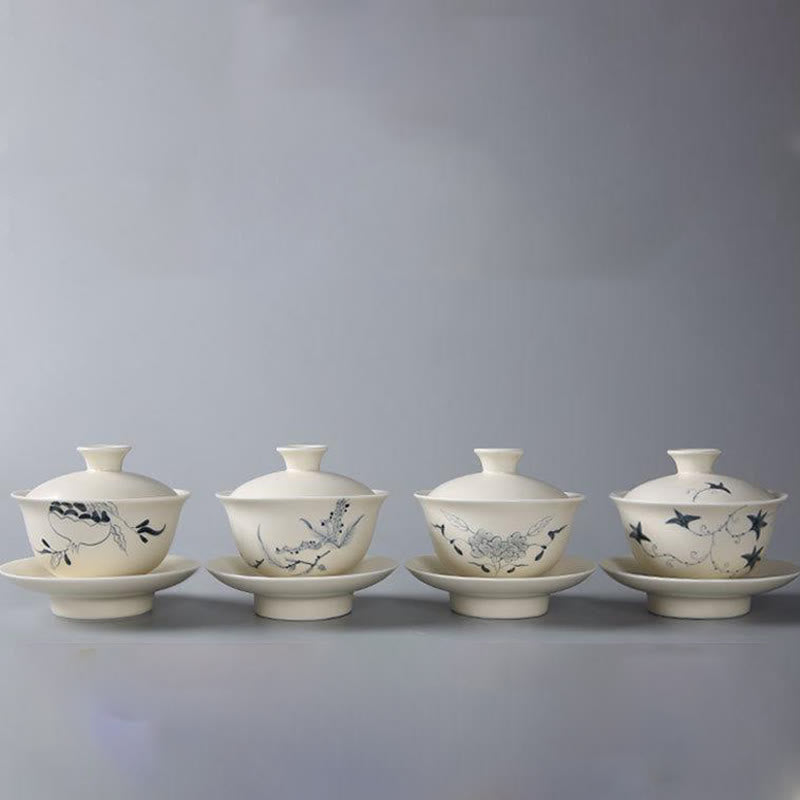 Buddha Stones peintes à la main Grenade Hibiscus Pin Lotus Céramique Gaiwan Sancai Tasse à thé Kung Fu Tasse à thé et soucoupe avec couvercle
