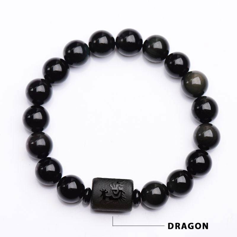 Bracelet Dragon Phénix Obsidienne Noire Purifiant l'Âme Buddha Stones