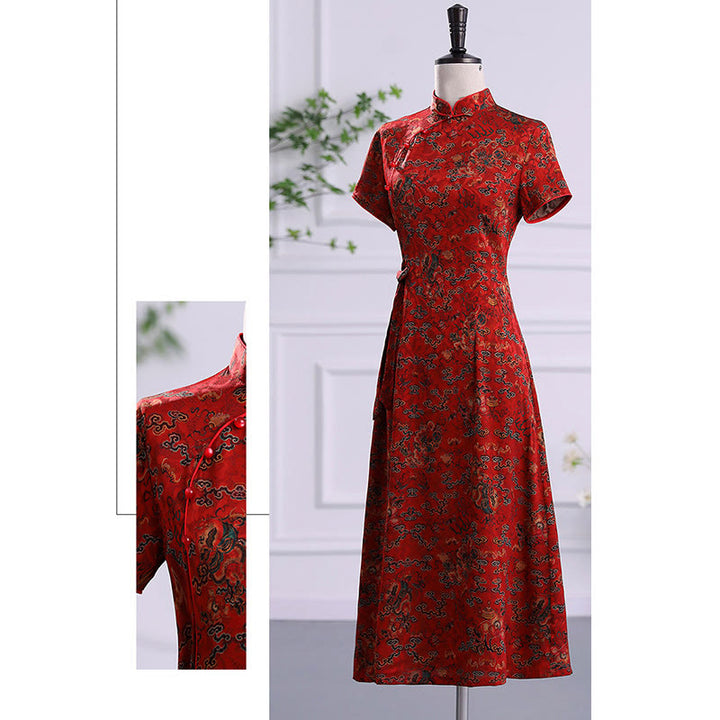 Robe Qipao pour femme avec imprimé feuilles et nuages de bon augure vintage et Buddha Stones