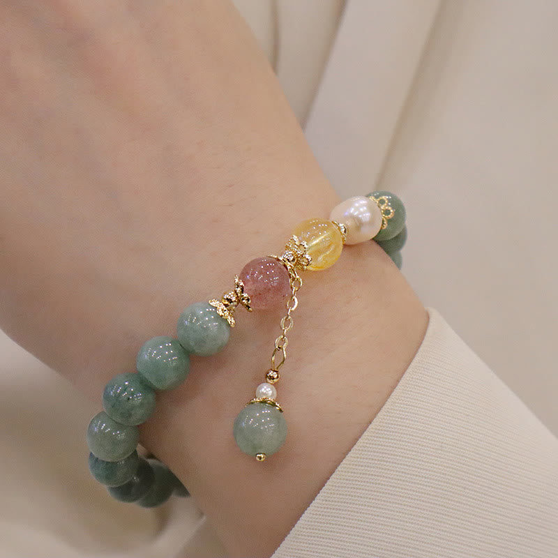 Bracelet porte-bonheur en perles de jade et quartz fraise avec Buddha Stones