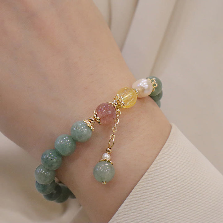 Bracelet porte-bonheur en perles de jade et quartz fraise avec Buddha Stones