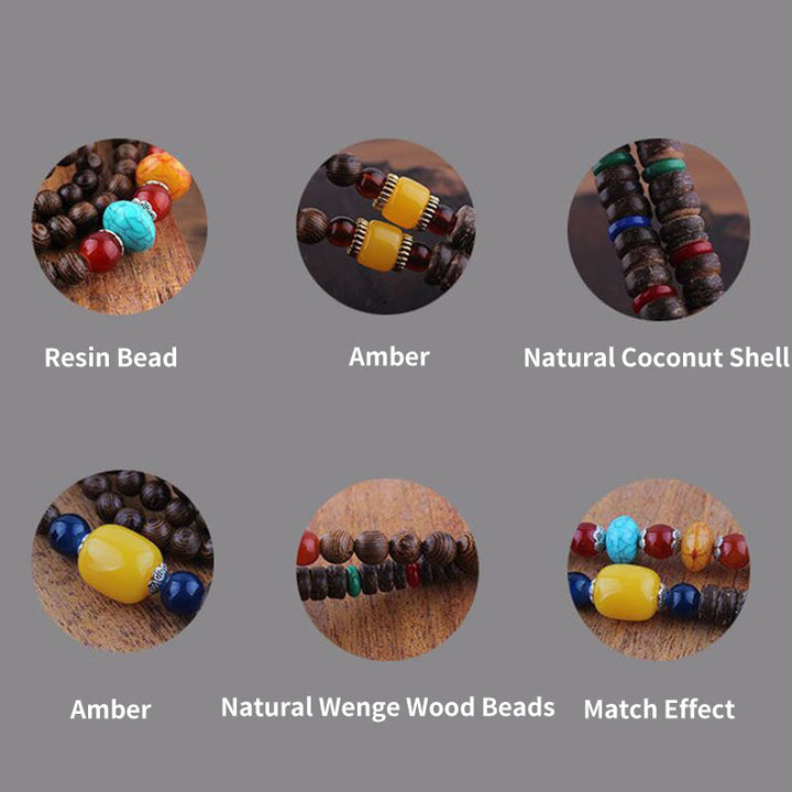 Collier pendentif protection éléphant en Buddha Stones tibétain en bois de wengé Bodhi Seed Agate