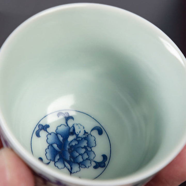Buddha Stones Paysage bleu Montagnes Lotus Chat mignon Pavillons Magnolia Roseaux Aigrettes Tasse à thé en céramique Petite tasse à thé Kung Fu