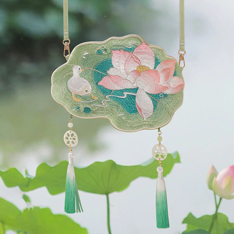 Sac à bandoulière avec broderie de Buddha Stones et de Lotus, poisson Koi, lapin, fleur, Hanfu - image 1