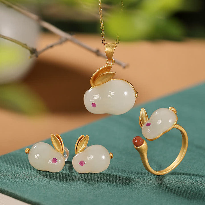 Boucles d'oreilles et collier porte-bonheur en jade Hetian en argent sterling 925 avec Buddha Stones Année du lapin