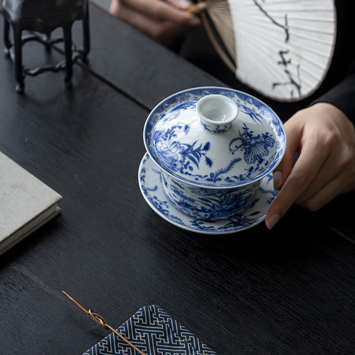 Buddha Stones Porcelaine Bleue et Blanche Lotus Koi Poisson Danse du Lion Pastèque Céramique Gaiwan Sancai Tasse à Thé Kung Fu Tasse à Thé Et Soucoupe Avec Couvercle 300 ml