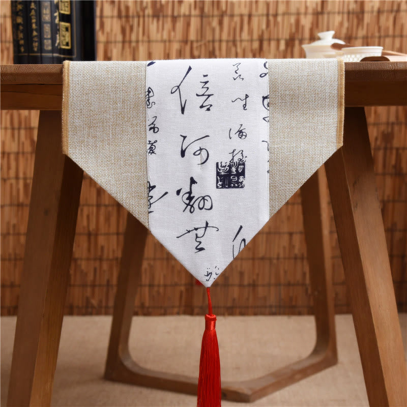 Chemin de table en coton et lin avec pompons, Buddha Stones, style chinois classique, lotus, poisson koï, fleur, grue, calligraphie, illumination