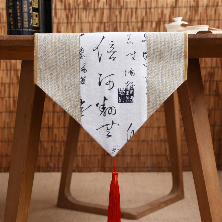 Chemin de table en coton et lin avec pompons, Buddha Stones, style chinois classique, lotus, poisson koï, fleur, grue, calligraphie, illumination