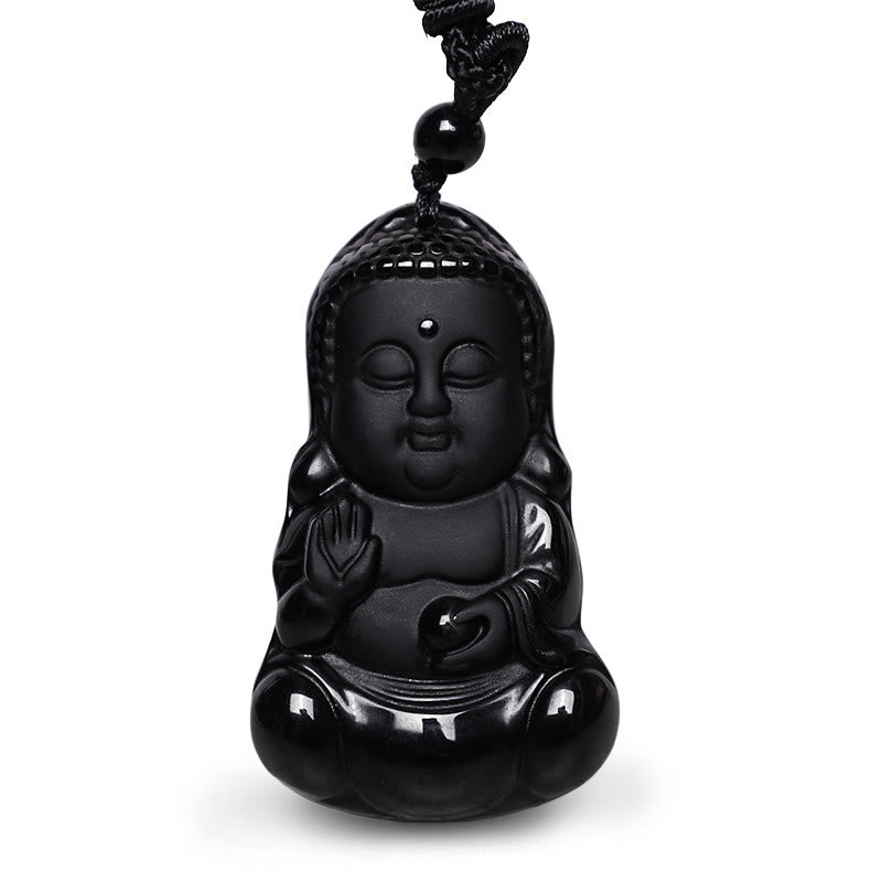 Collier pendentif porte-bonheur en Buddha Stones en cristal d'obsidienne noire naturelle, protection de la force du Bouddha, amulette - image 2