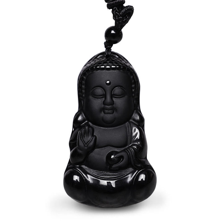 Collier pendentif porte-bonheur en Buddha Stones en cristal d'obsidienne noire naturelle, protection de la force du Bouddha, amulette - image 2