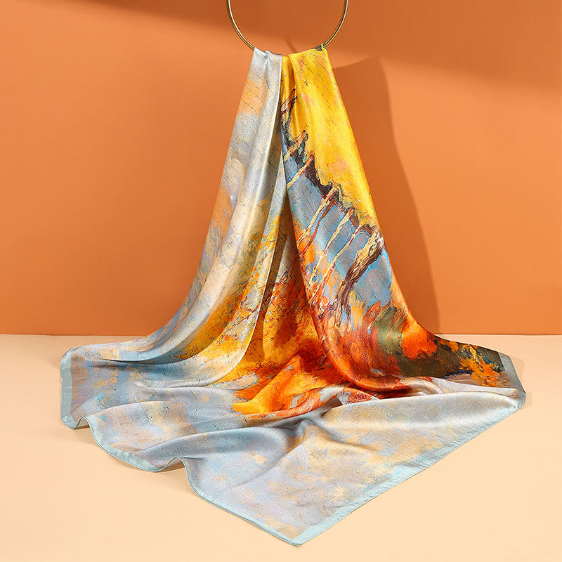 Foulard pour cheveux en soie de mûrier 100 % Buddha Stones et peinture à l'huile sur la ville, scène de neige, château, lotus